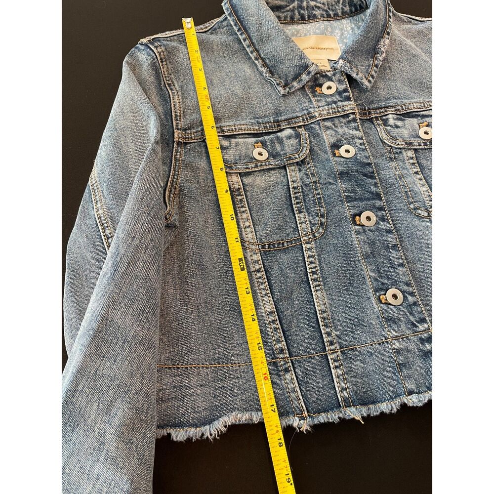 ~ Pilcro Lg Jean Jacket Cropped Denim Anthropologie Blue Raw Edge Stretch Large - Picture 6 of 14